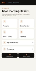 RamTech Ops Hub home screen with Accounts, Boiler Assets, Work Orders and Dispatch