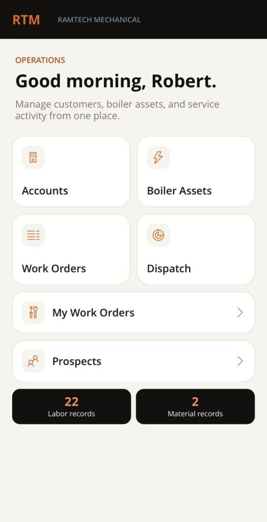 RamTech Ops Hub home screen with Accounts, Boiler Assets, Work Orders and Dispatch